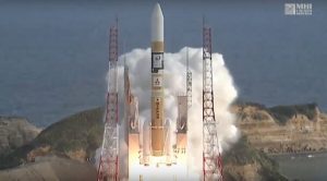 A Mitsubishi Heavy Industries H-2A rocket with the Himawari-9 weather satellite onboard lifts off from Japan’s Tanegashima Space Center. (Credit: MHI video)
