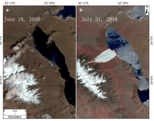 ESA’s Sentinel-2 satellite recorded “before and after” 10-meter-resolution images of the Aru Glacier collapse on July 17, 2016. (Credit: ESA/Sentinel-2)